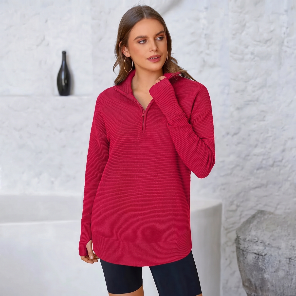 Jersey de Punto con Media Cremallera y Cuello en V