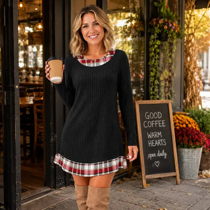 Vestido de Otoño de Punto con Manga Larga y Detalles a Contraste
