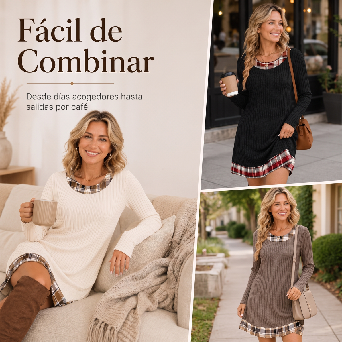 Vestido de Otoño de Punto con Manga Larga y Detalles a Contraste