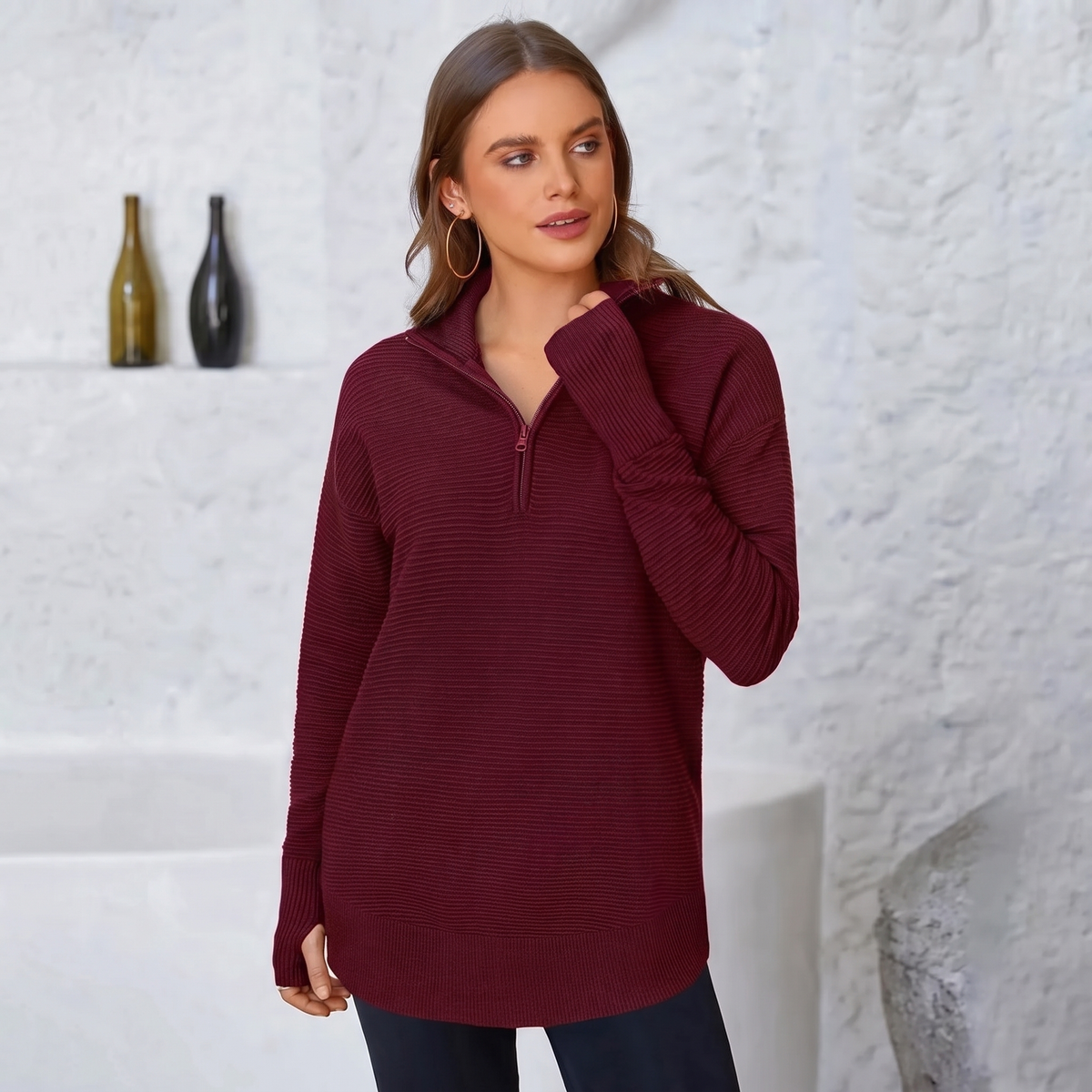 Jersey de Punto con Media Cremallera y Cuello en V