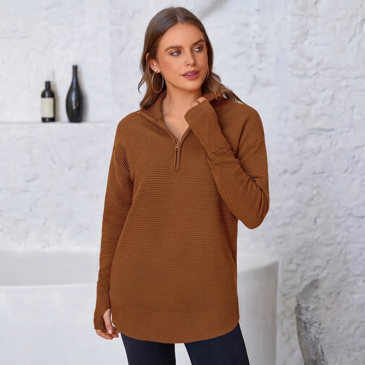 Jersey de Punto con Media Cremallera y Cuello en V