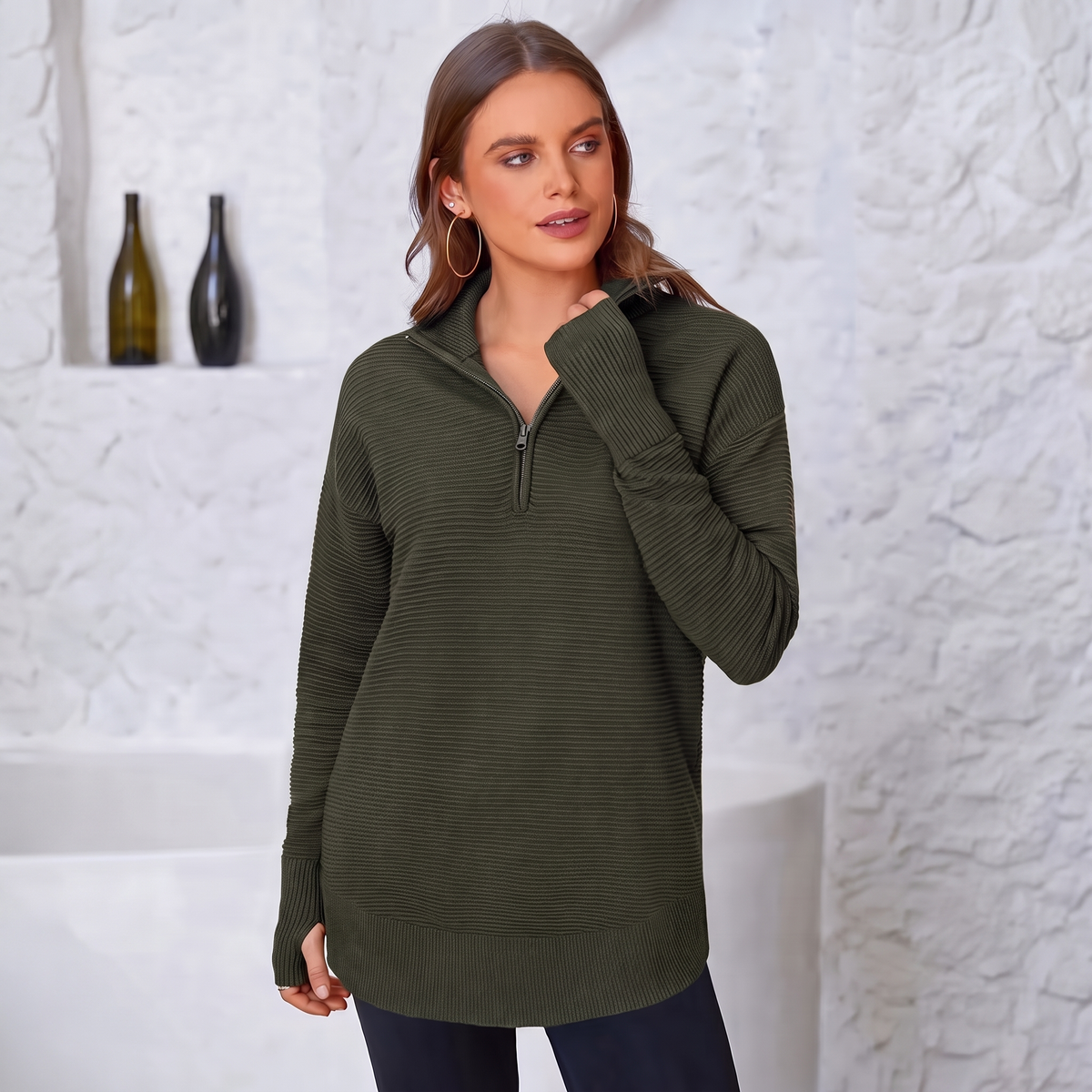 Jersey de Punto con Media Cremallera y Cuello en V
