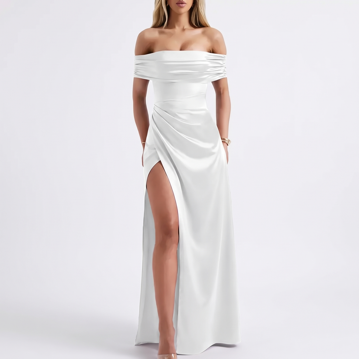 Vestido Elegante de Hombros Descubiertos con Abertura Alta