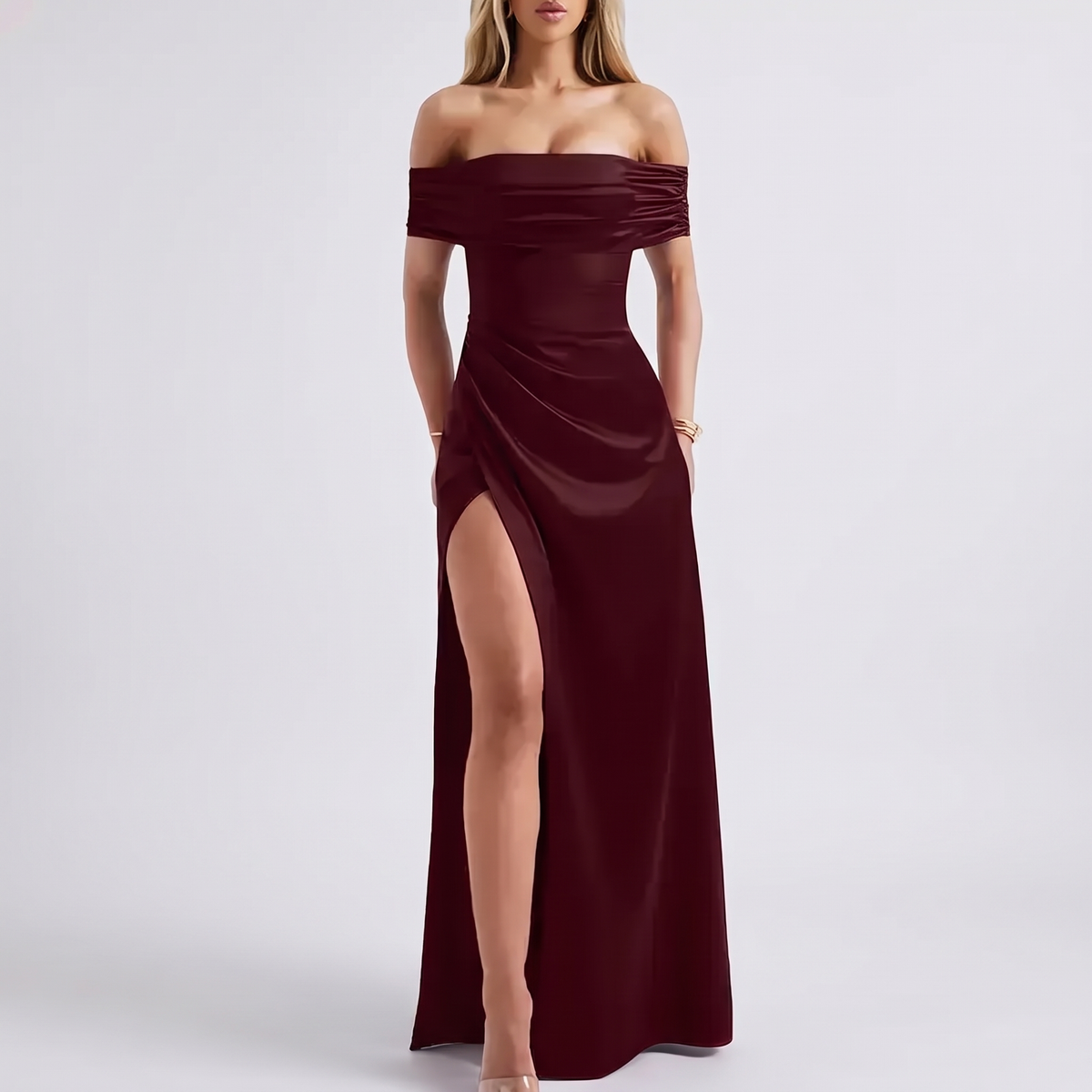 Vestido Elegante de Hombros Descubiertos con Abertura Alta