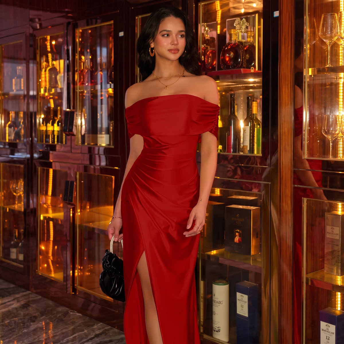 Vestido Elegante de Hombros Descubiertos con Abertura Alta