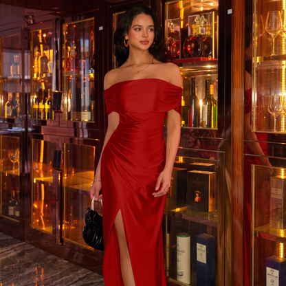 Vestido Elegante de Hombros Descubiertos con Abertura Alta