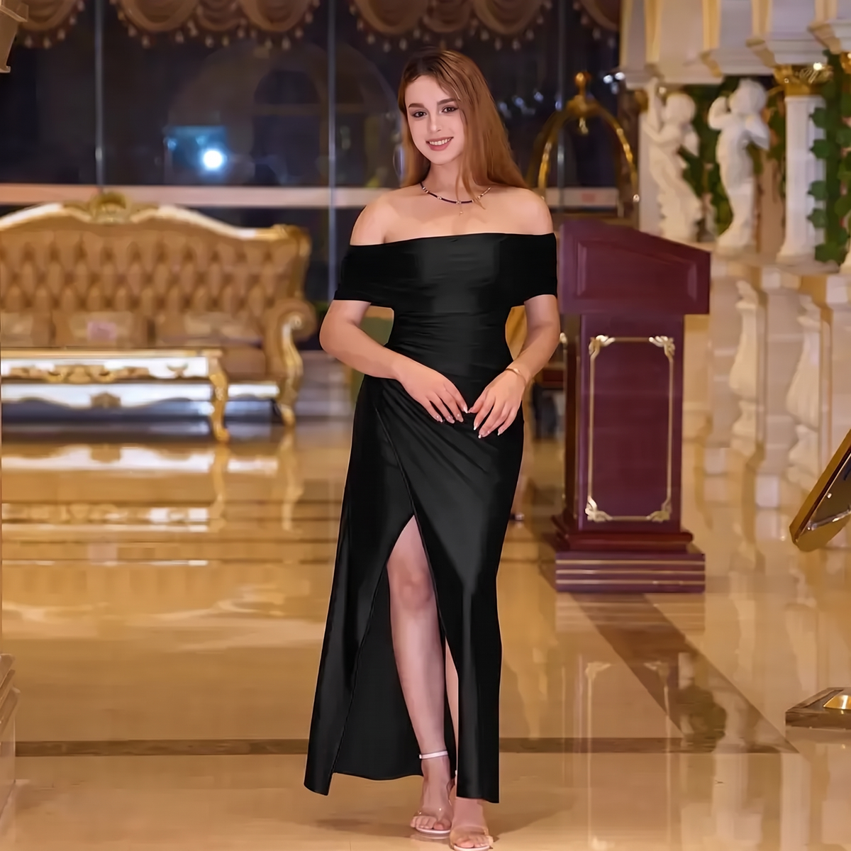 Vestido Elegante de Hombros Descubiertos con Abertura Alta